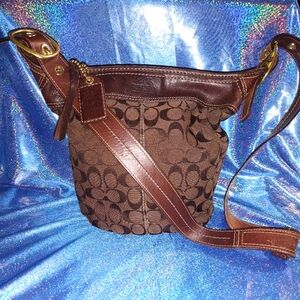 Coach Brown Signature Canvas Shoulder Bag with Dark Brown Leather Trim